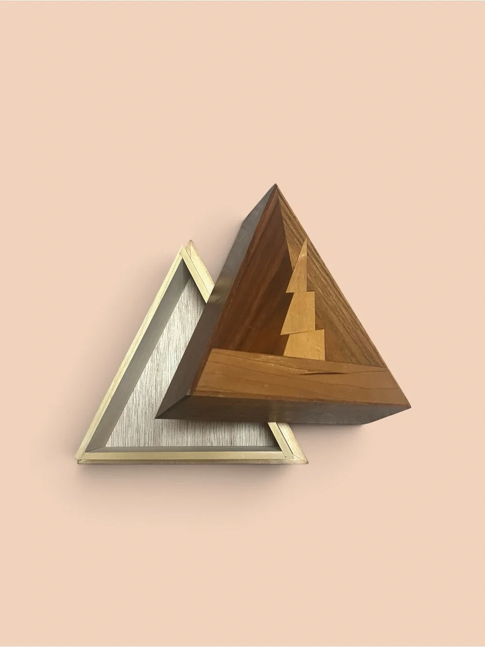 Wooden Triangle Jewelry Box with Geometric Inlay - Brown